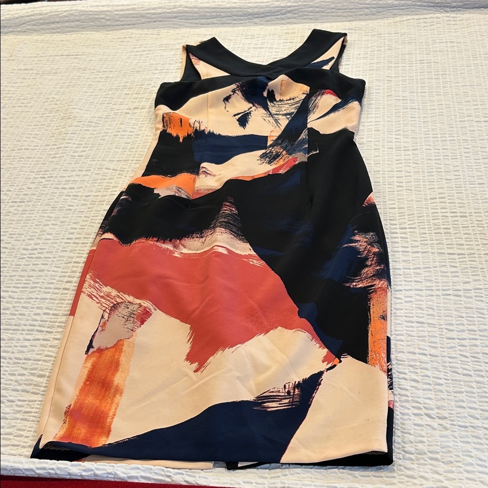 Le Chateau Black and Orange Abstract Mini Dress